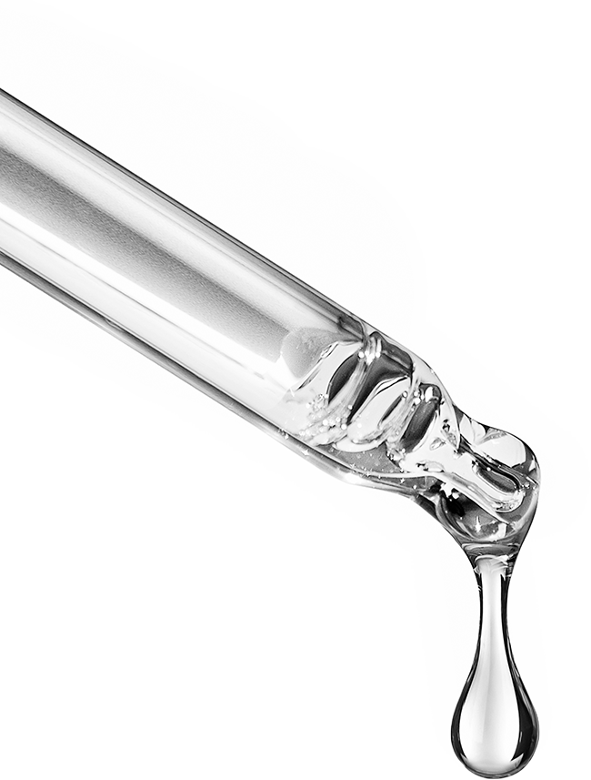 A single drop of high-purity HOCl falling from a glass dropper