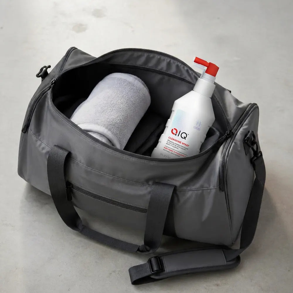 QIQ Skin Savior Cleansing Spray tucked into a bag with a towel
