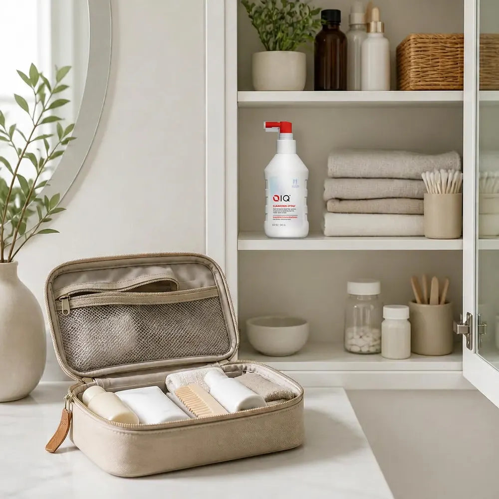 QIQ Skin Savior Cleansing Spray on a family bathroom cabinet shelf next to a travel pouch